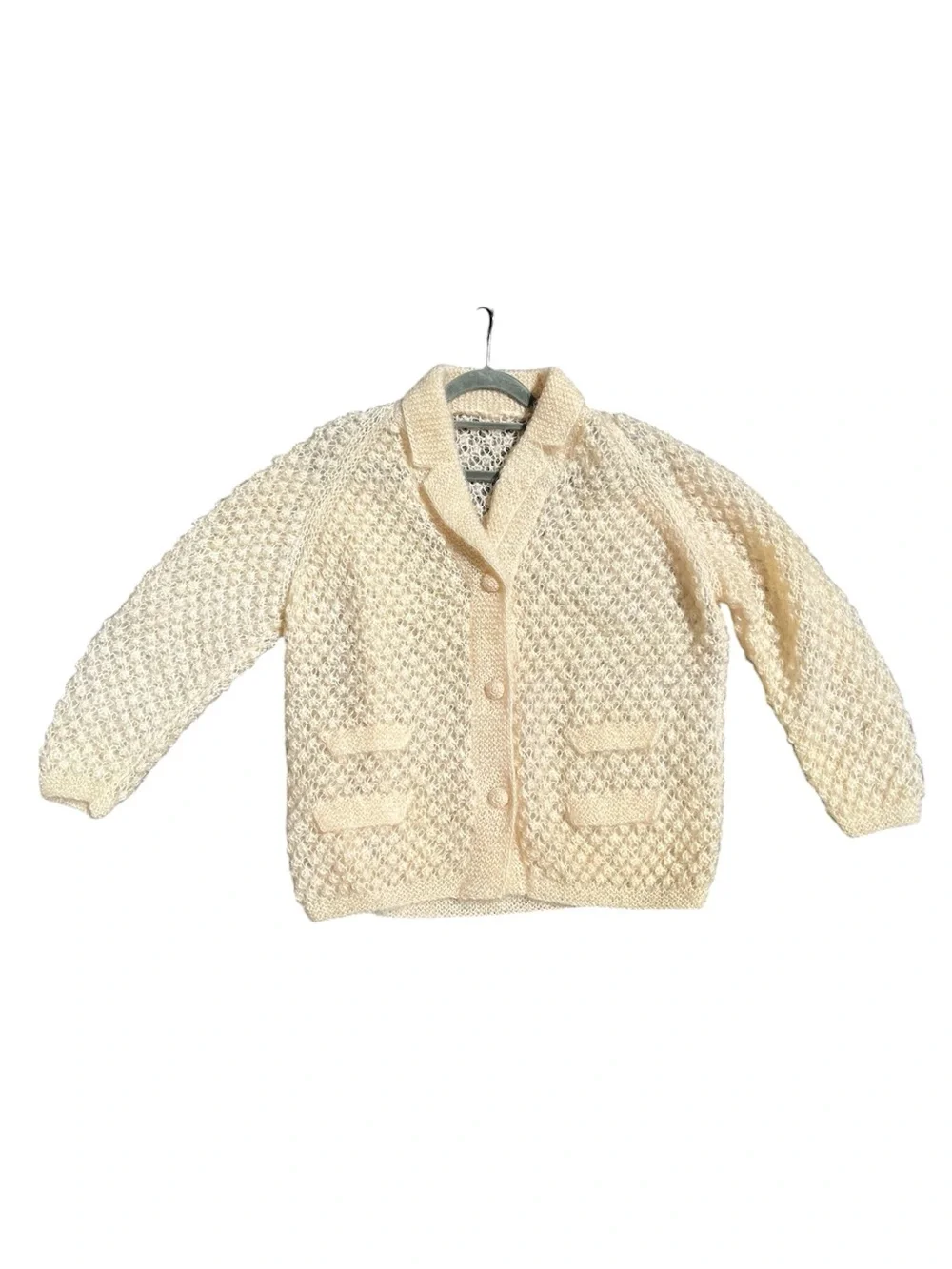 RARE! Vintage 60s Cream Mohair Wool Open-Knit Slouchy Retro Cardigan Sweater L - Picture 2 of 15